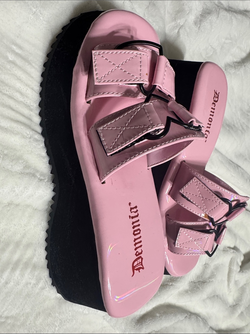 Demonia Pink Patent Platform Slide Sandals with Buckles